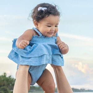 Posh Peanut LIGHT BLUE DENIM SMOCKED TIERED BODYSUIT DRESS - 6-12 MONTHS